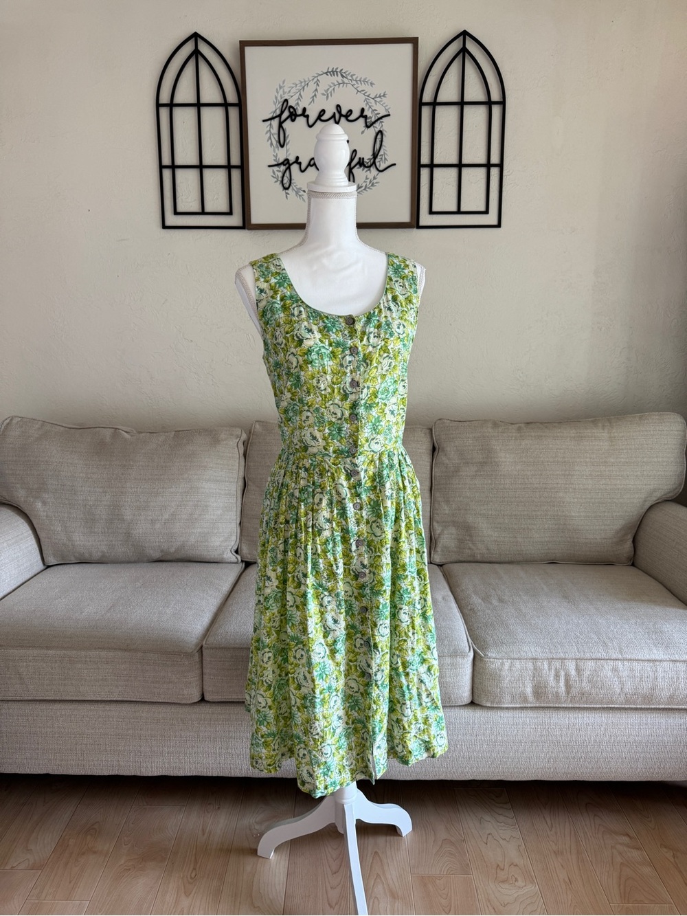 Hopeless Romantic Green Floral Cottagecore Midi Dress Size L Cotton Dress